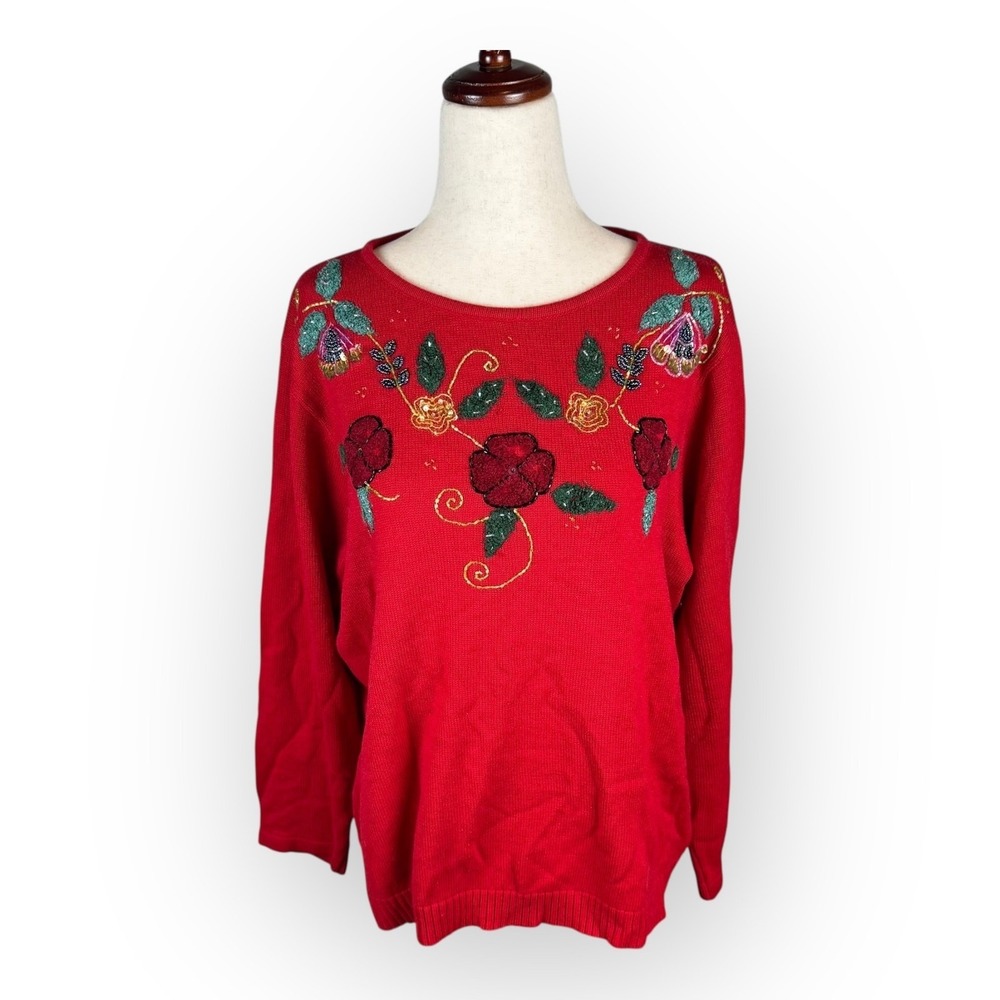 Vintage Haband Women's Christmas Sweater Red Embroidered Beaded Large